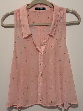 Pastel Pink Sheer Collared Women's Top w/ Nautical Anchor Pattern - Size: Medium